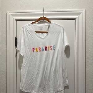 Lane Bryant White V-Neck T-Shirt says Paradise in terry cloth letters